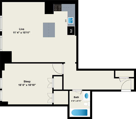 A floor plan shows a bedroom with a sleep area and a separate living area with a bathroom.